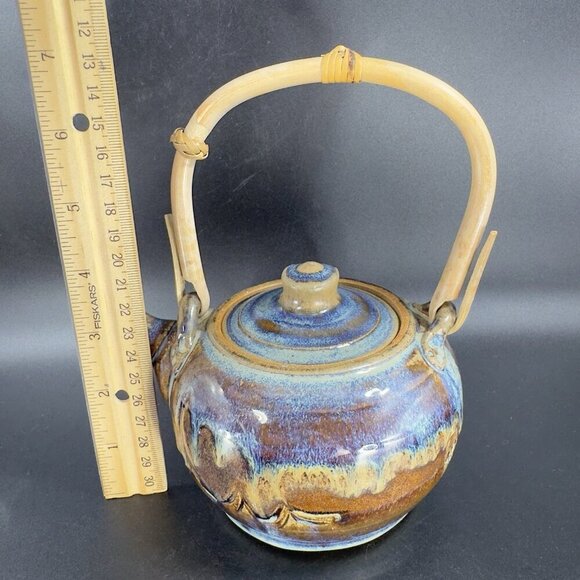 Vintage Pottery Stoneware Teapot Carafe With Wood Handle Drip Glaze Signed Mosia - Picture 2 of 16